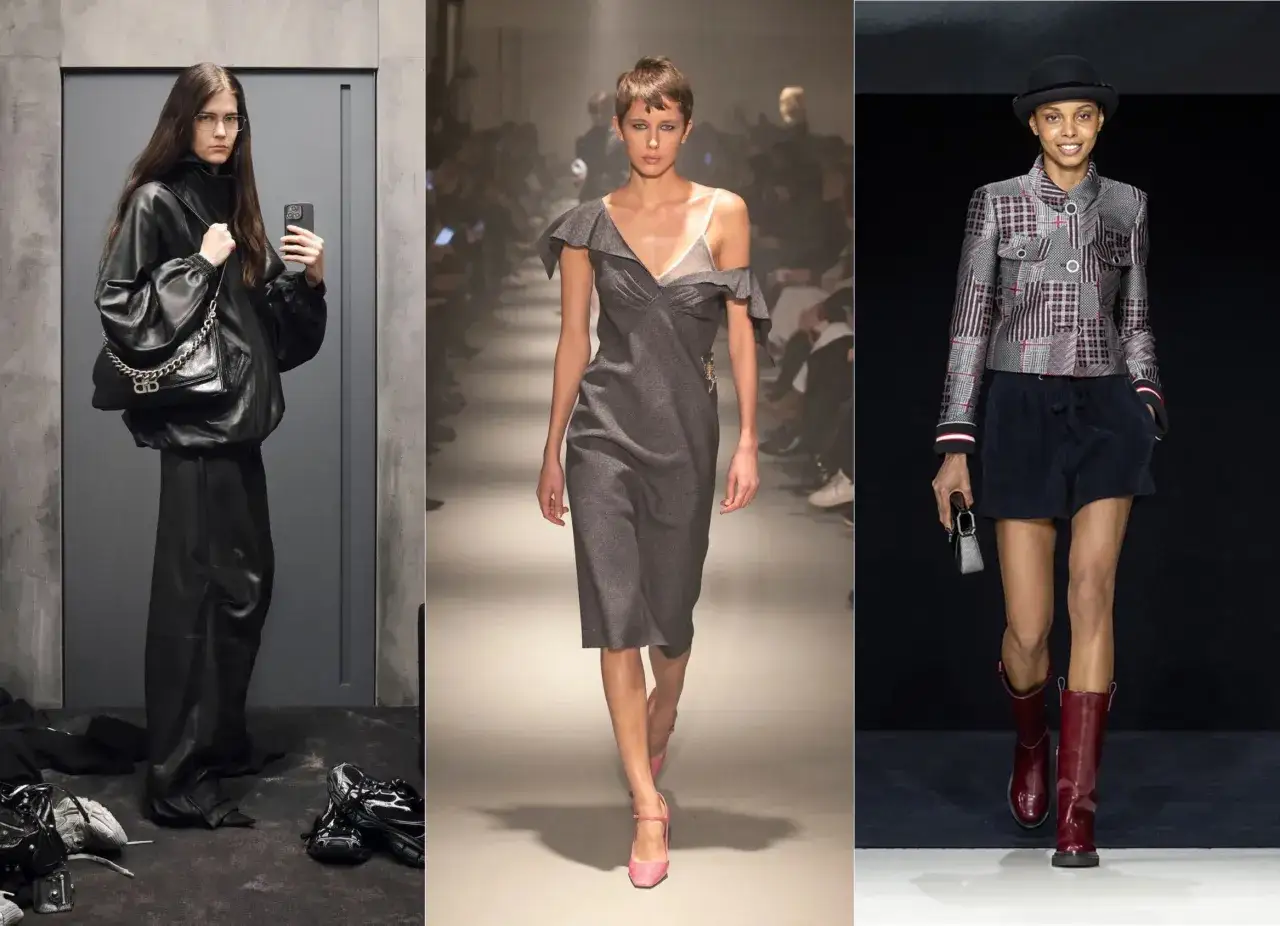 Moda: look in pelle nera, abito grigio con volant, giacca a quadri e stivali rossi. Fantasia check.