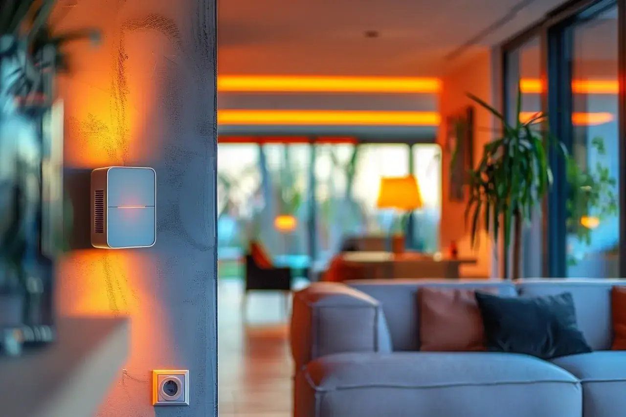 Ein modernes Wohnzimmer mit gemütlichem, adaptiven Licht. Eine Wandleuchte wirft warmes Licht auf die Wand.
