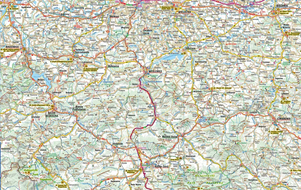 Mapa turystyczna Małopolski, ukazująca najpiękniejsze miejsca w Polsce, takie jak Beskid Wyspowy, Gorce, Pieniny i Tatry.
