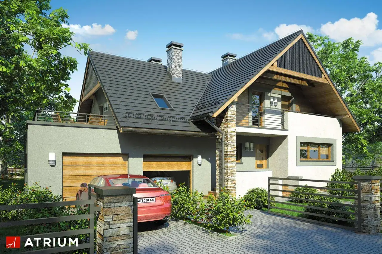 Nowoczesny dom z garażem dwustanowiskowym, tarasem i balkonem. Projekt homekoncept 91 wariant 1.