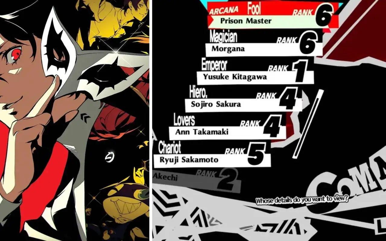 Arte de Persona 5 Royal con Joker y lista de Confidentes: Morgana, Yusuke, Sojiro, Ann, Ryuji y Akechi.