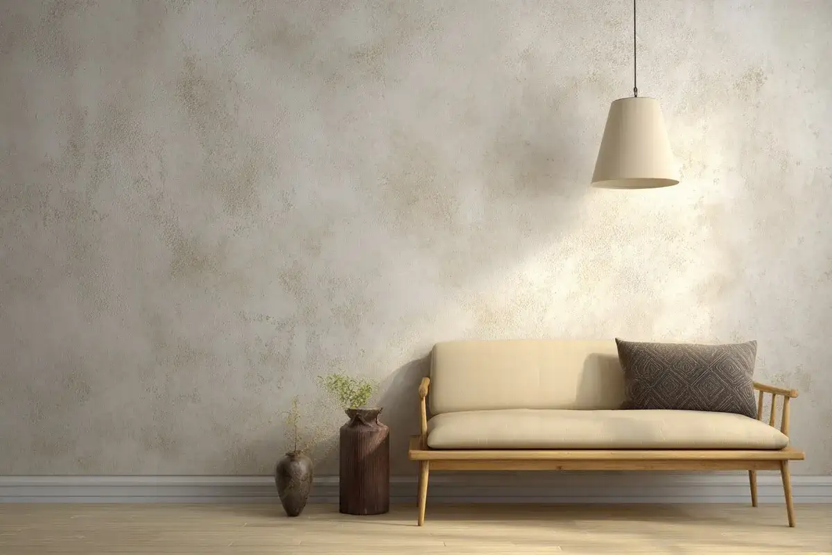 Sof&aacute; beige junto a pared texturizada, ideal para saber como dar profundidad a una pared. L&aacute;mpara colgante ilumina la escena.