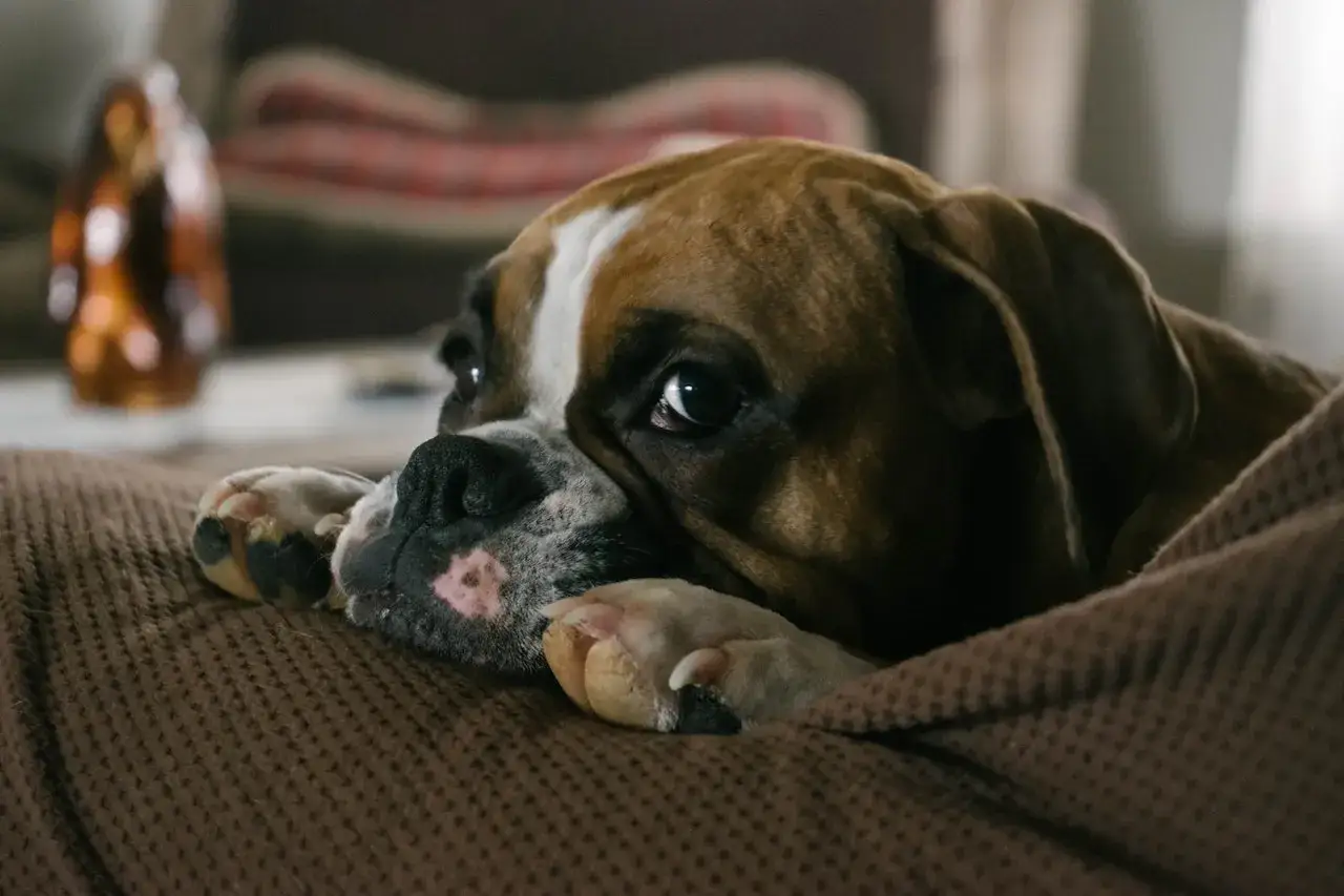 Boxer con mirada triste, quiz&aacute;s pensando en cuando sacrificar a un perro con artrosis.