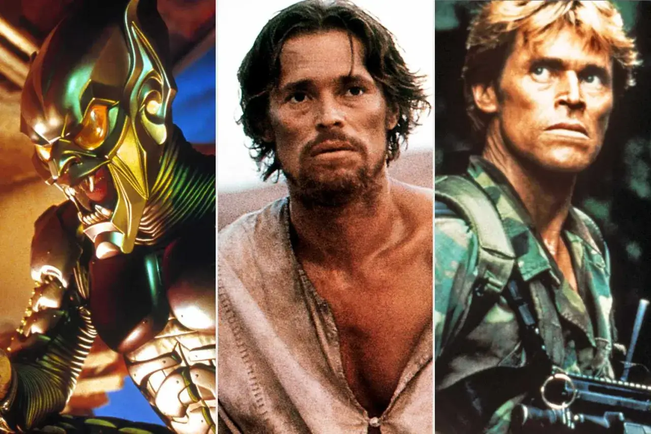 Tre bilder p&aring; Willem Dafoe i olika roller: som Green Goblin, i en &ouml;kenmilj&ouml; och som soldat.