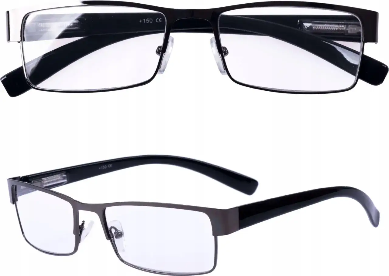 Okulary do czytania z soczewkami +150. Czy to plusy czy minusy? Eleganckie, metalowe oprawki z czarnymi zausznikami.
