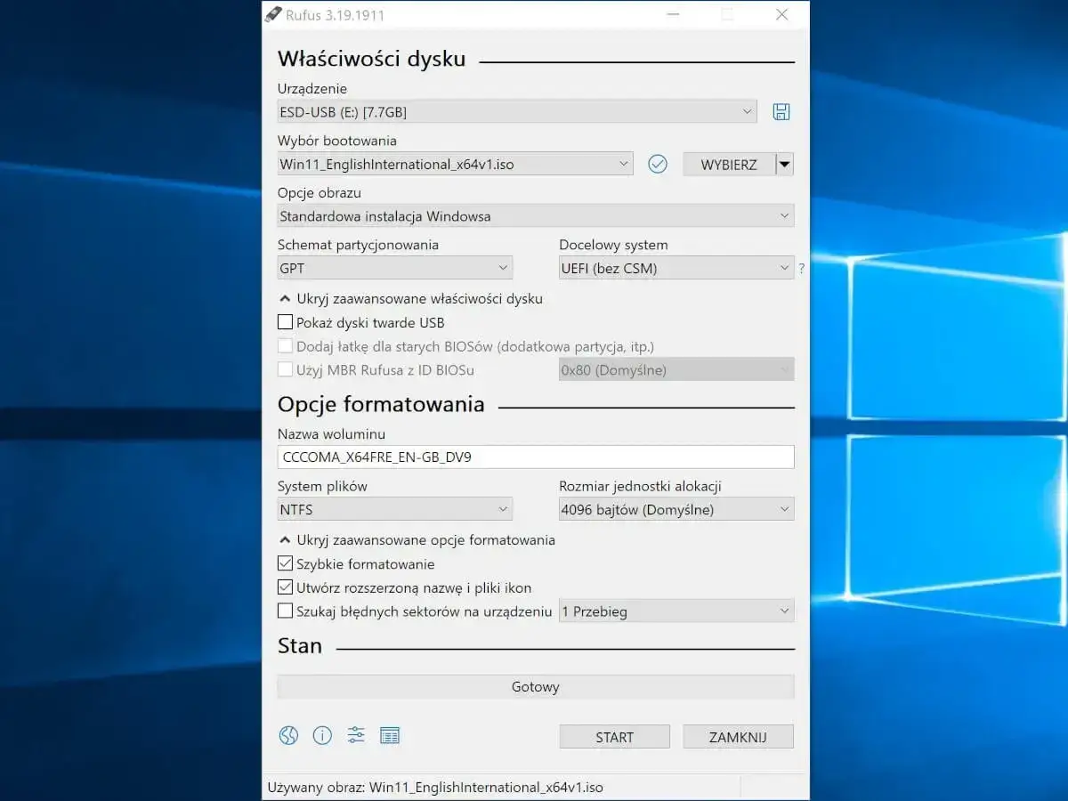Rufus przygotowuje USB do instalacji Windows 11 bez konta Microsoft. Wybrano obraz ISO i opcje formatowania.
