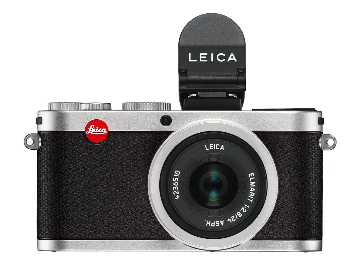 Elegancki aparat Leica X2 z wysuwanym wizjerem i charakterystycznym czerwonym logo.