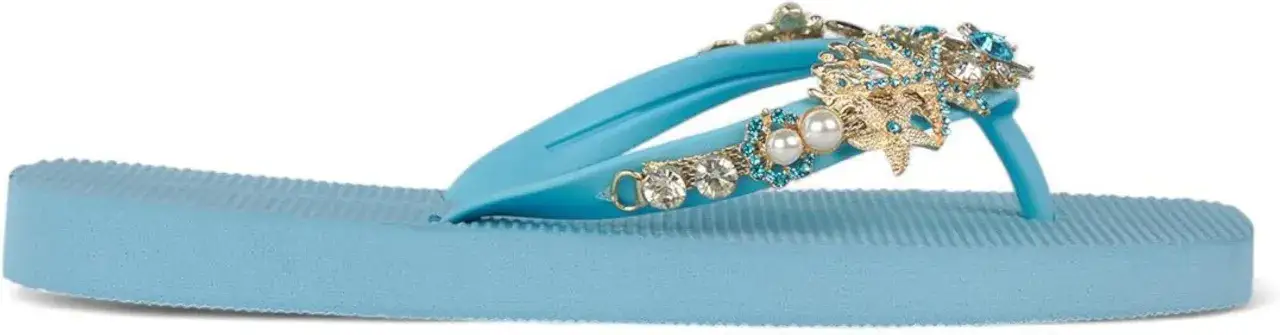 Ciabatte Alma en Pena azzurre con decorazioni a tema marino, stelle marine e perle.