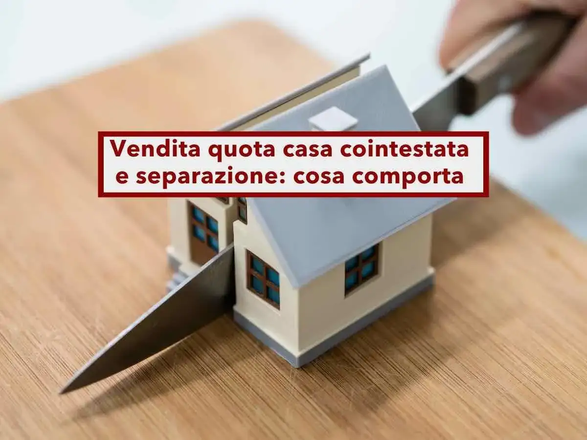 Una casa cointestata viene tagliata da un coltello, simboleggiando la vendita della quota e la separazione.