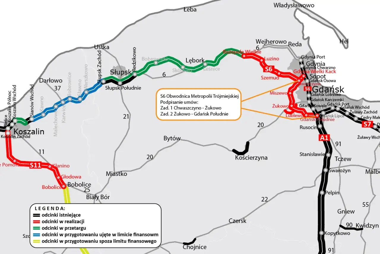 Mapa drogowa z zaznaczoną obwodnicą Żukowa (S6), częścią S11 i A1.
