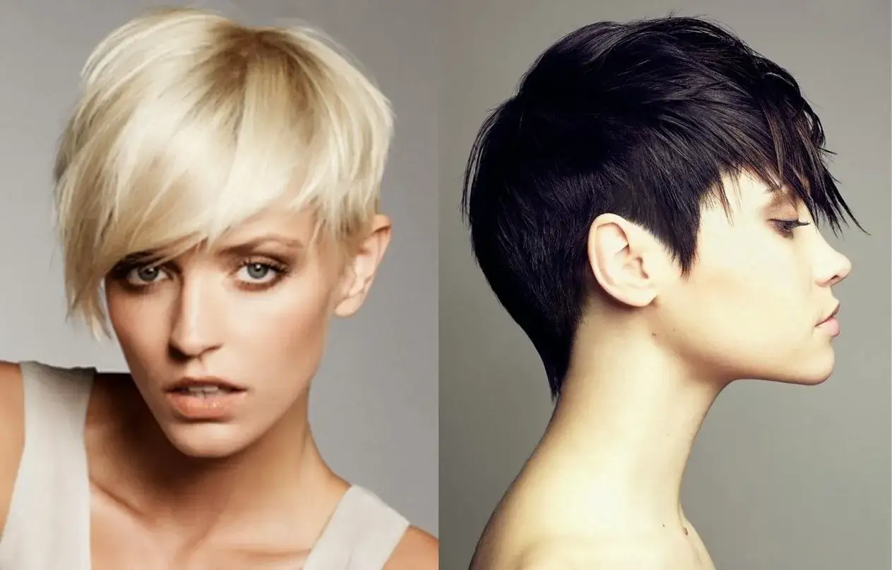 Dwie kobiety z krótkimi fryzurami. Jedna blondynka z grzywką, druga brunetka z wygolonymi bokami. Obie mają delikatny baby hair przy skroniach.