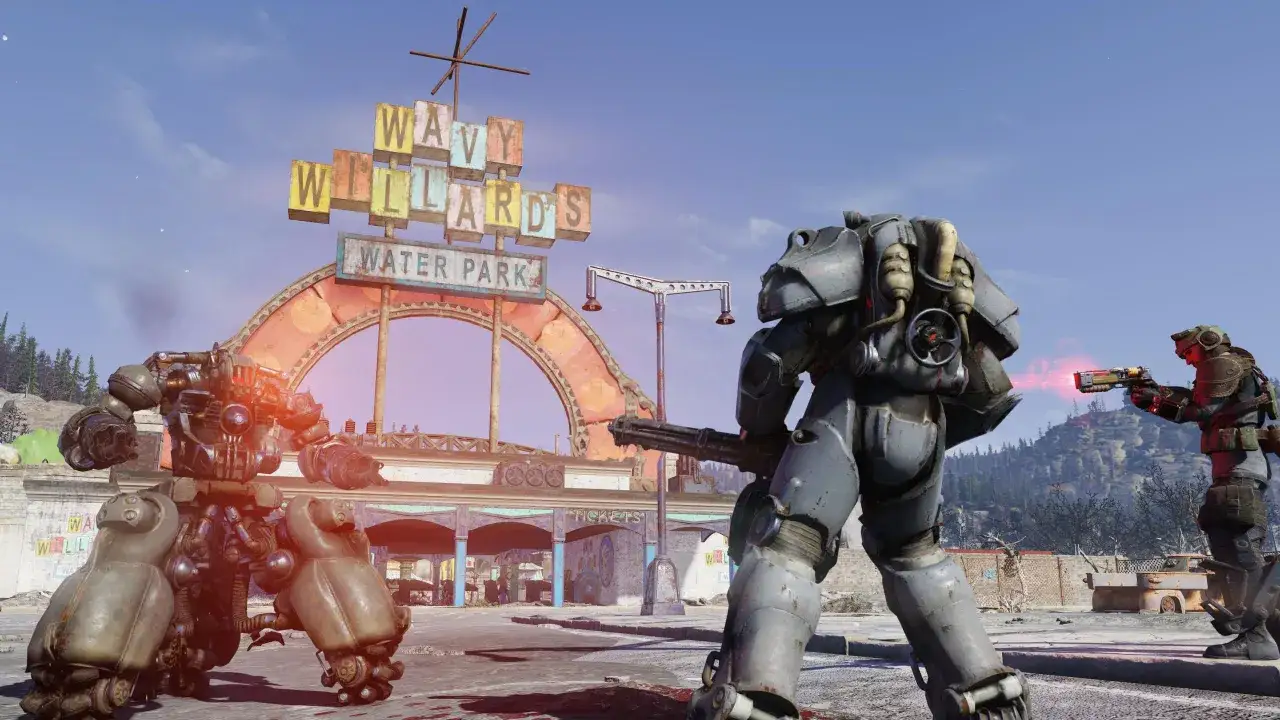 Dos robots de combate se enfrentan en Wavy Willard's Water Park. Uno con armadura de poder, el otro más pequeño. Cumpliendo los **Fallout 76 requisitos** para la supervivencia.