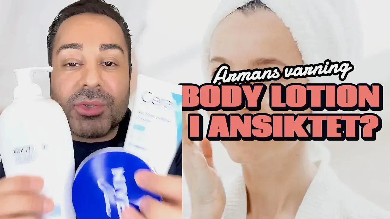 Man visar upp body lotion i ansiktet. Frågan är om det är bra eller dåligt.