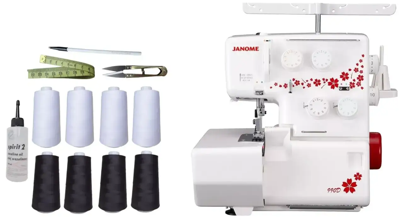 Owerlok Janome 990D z akcesoriami: miarka, nożyczki, pisak krawiecki, olej i szpulki białej i czarnej nici.