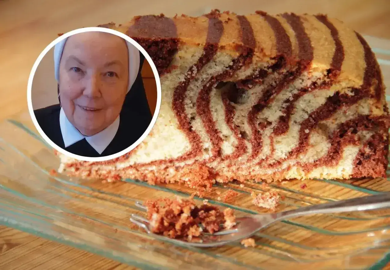 Siostra uśmiecha się obok pysznego ciasta zebra.