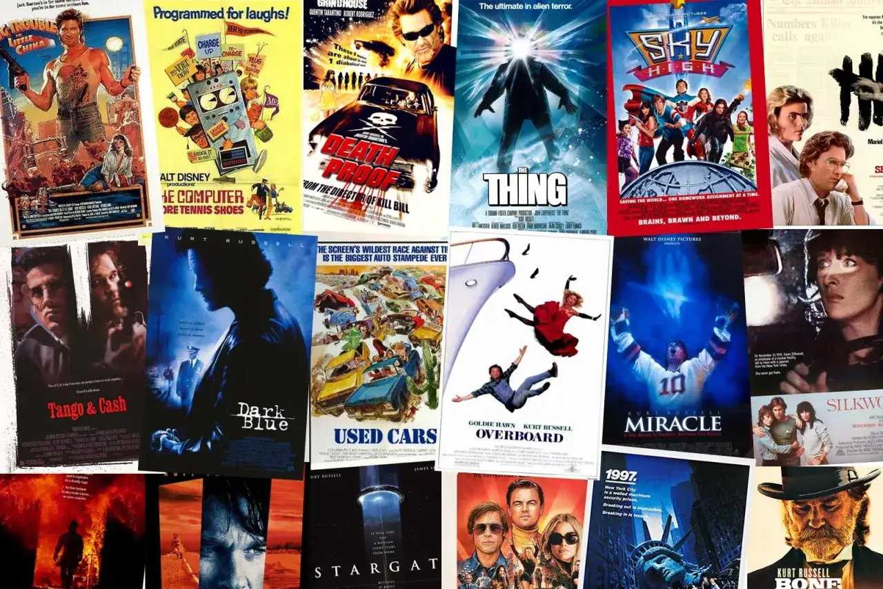 En samling filmaffischer med Kurt Russell i filmer som
