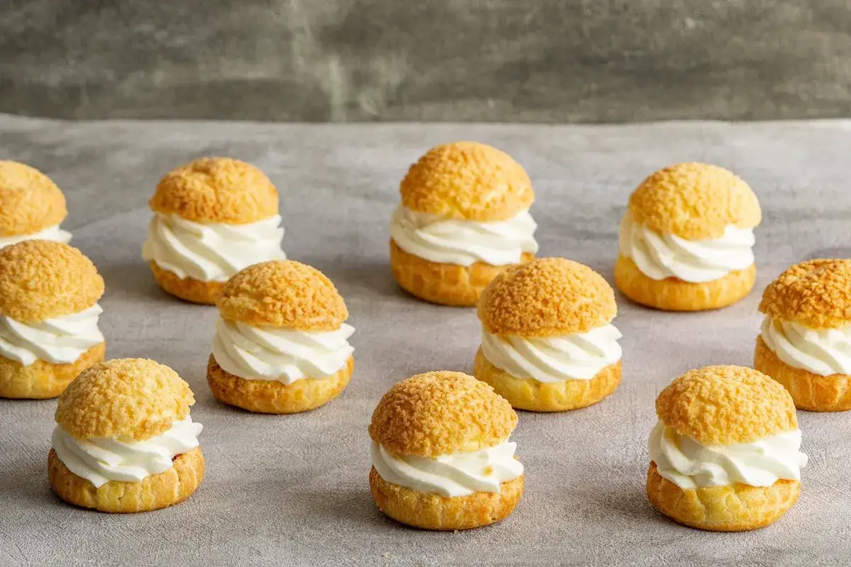 Douze petits choux garnis de crème fouettée, parfaits pour une recette pâte à choux traditionnelle.