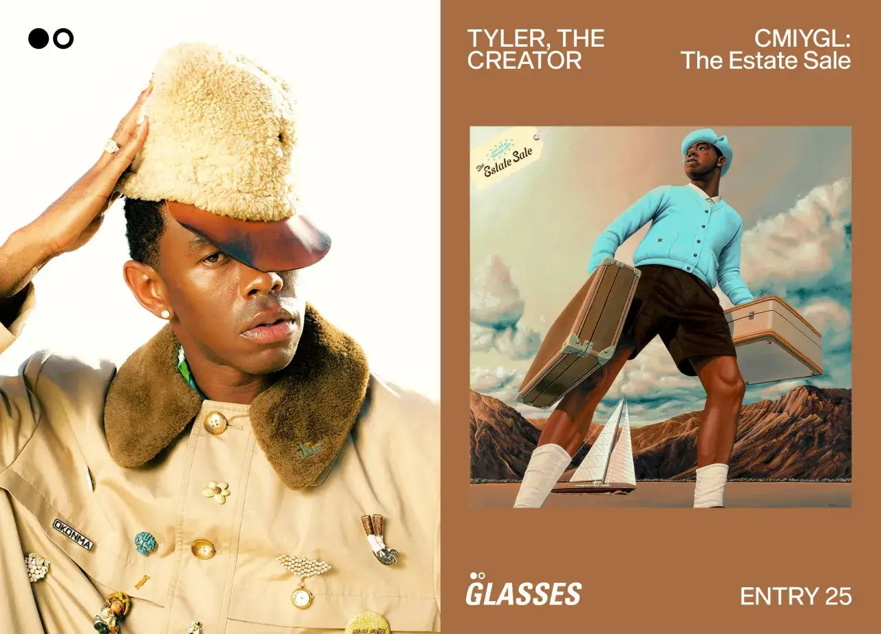 Tyler, The Creator w beżowym płaszczu i futrzanej czapce. Obok obraz z napisem