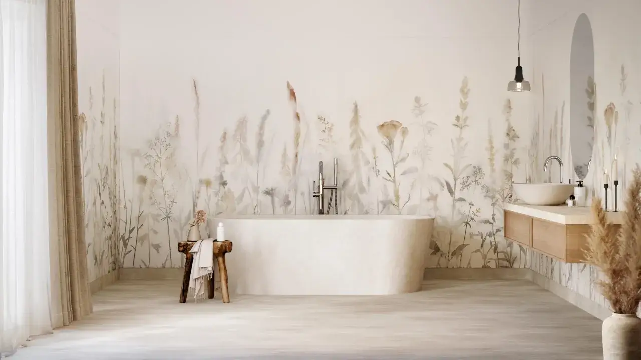 Ett badrum med en fristående badkar och en väggmålning med blommor och gräs. Tavlor i badrummet skapar en lugn och naturlig atmosfär.