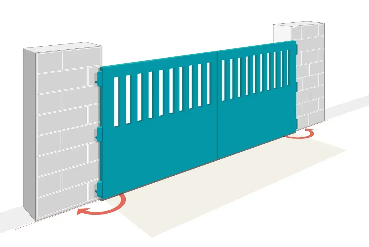 Illustration d'une motorisation portail en applique, montrant le mécanisme fixé sur le pilier et le portail bleu turquoise s'ouvrant.