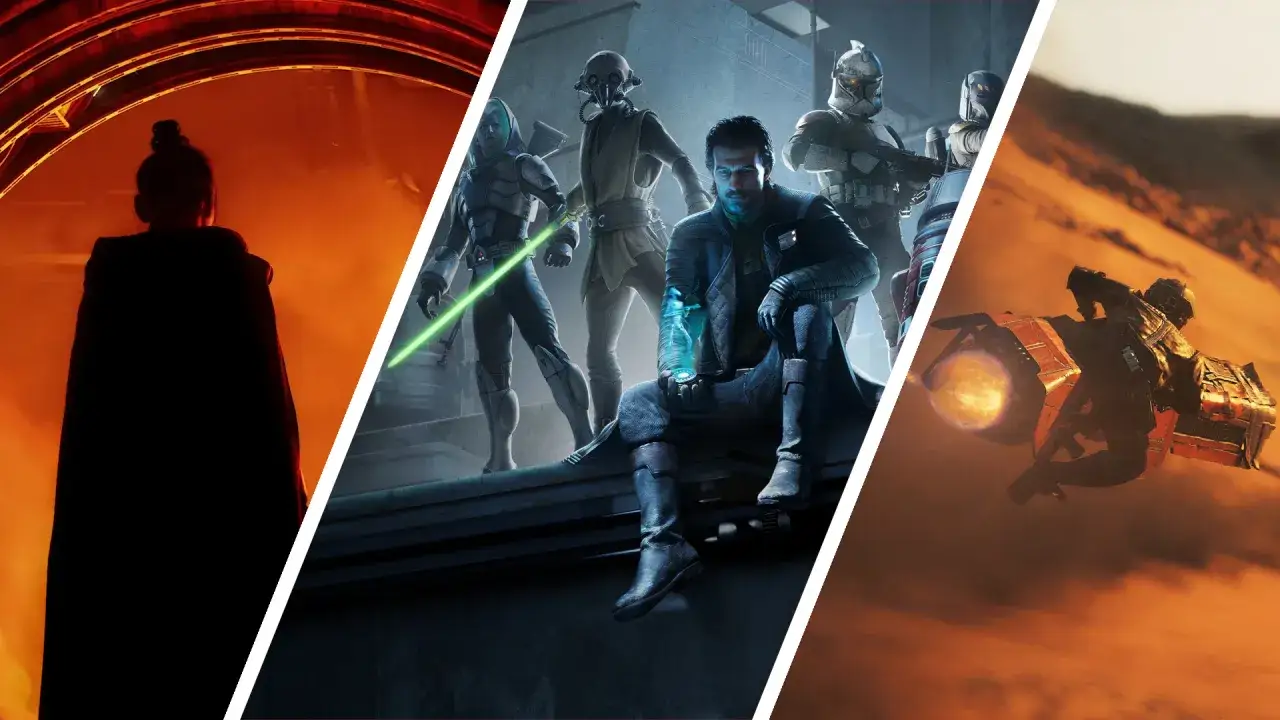 Postacie z gry Star Wars Eclipse: tajemnicza postać w płaszczu, grupa bohaterów z mieczami świetlnymi i klonami, pojazd pędzący przez pustynię.