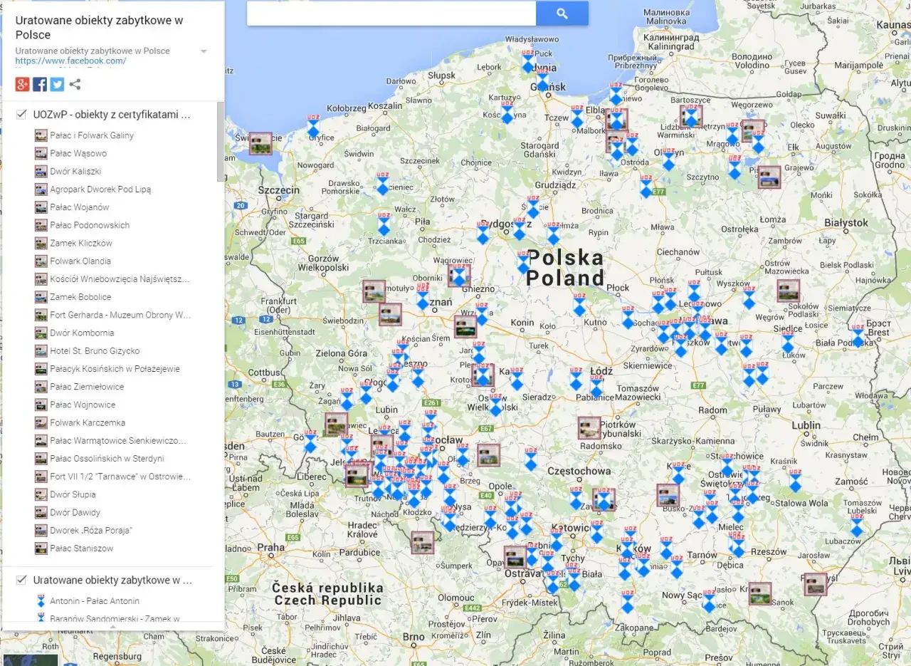 Mapa z zaznaczonymi uratowanymi obiektami zabytkowymi w Polsce.