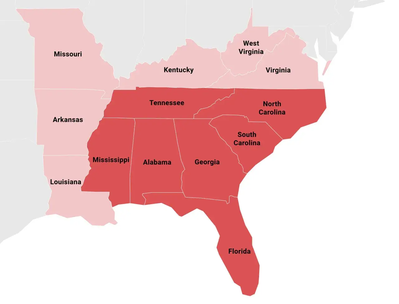 Mapa stanów USA. Czerwone stany to Tennessee, Mississippi, Alabama, Georgia, Floryda, Karolina Północna i Południowa. Na zachód od Georgii leżą Arkansas i Luizjana.