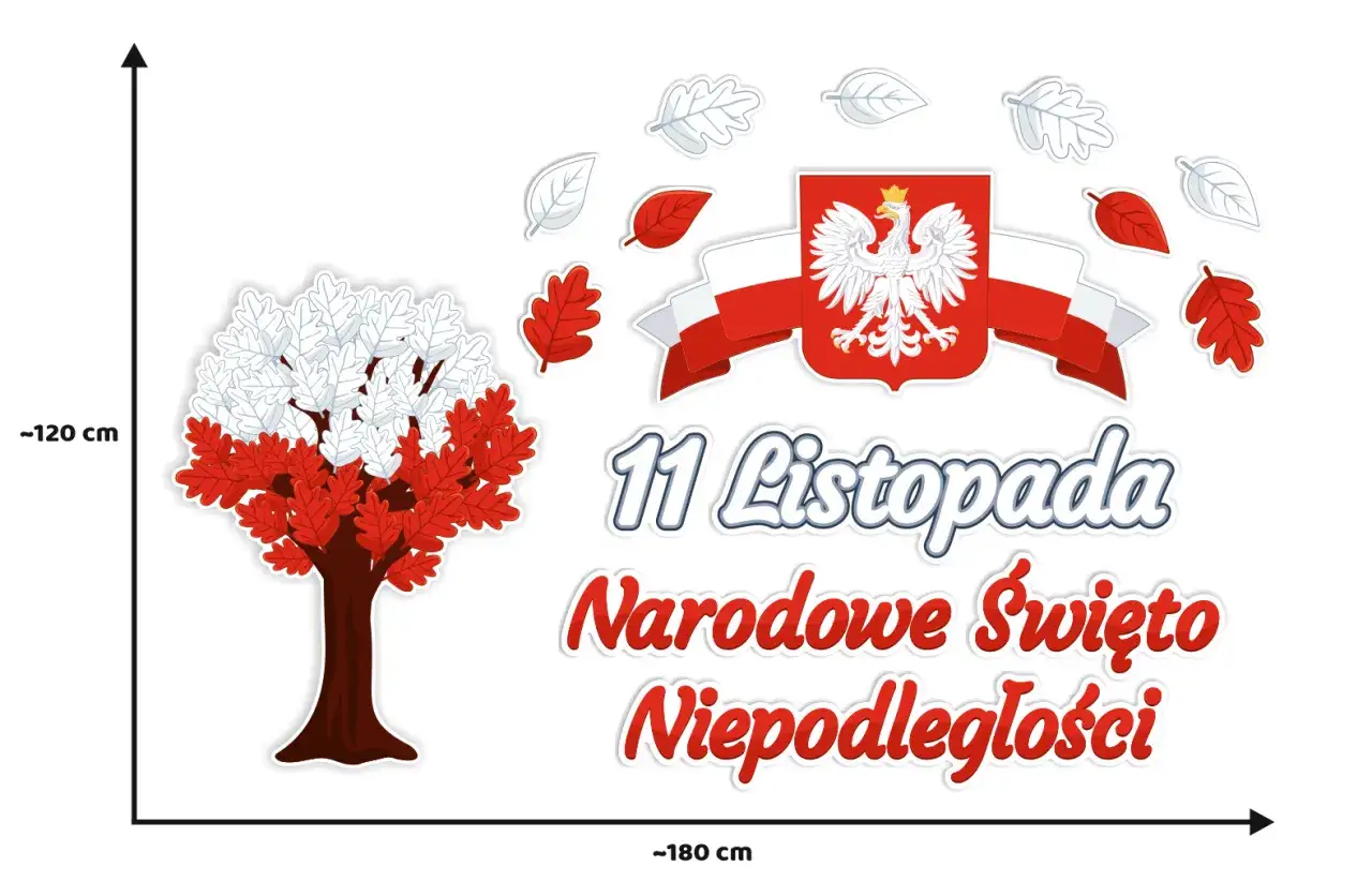 Dekoracje na 11 listopada szablony do druku: drzewo w barwach narodowych, godło Polski i napis 