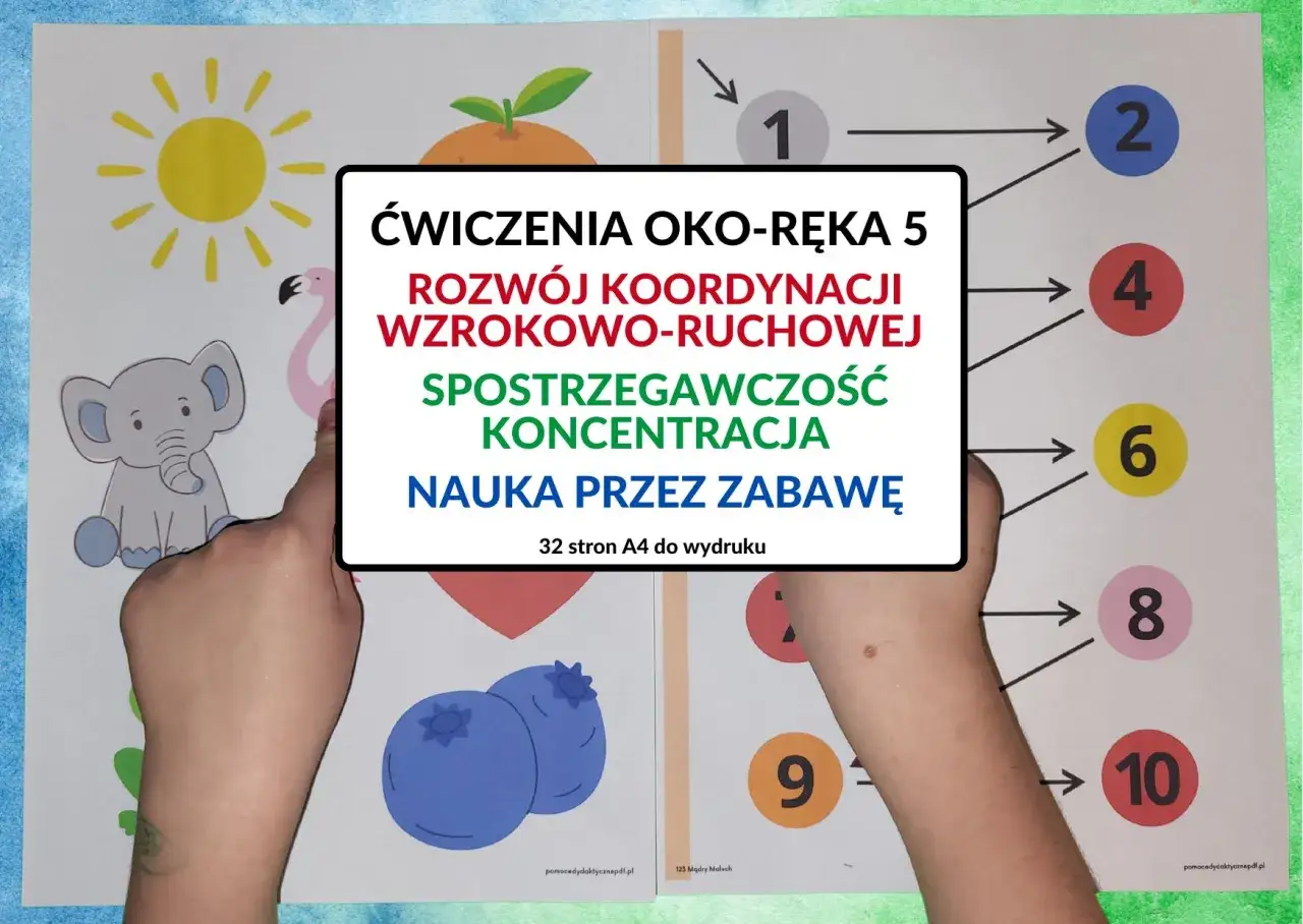 Dziecko ćwiczy koordynację wzrokowo-ruchową, rozwijając zdolności motoryczne. Zabawa z cyframi i obrazkami.
