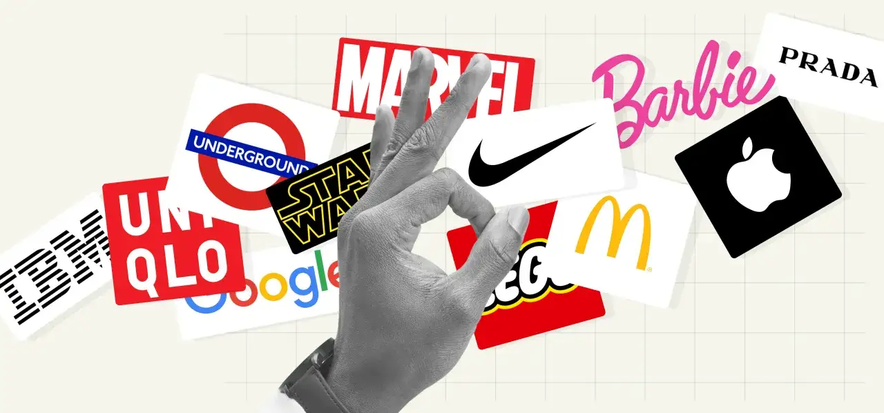 A hand forms an OK sign over logos like Nike, Apple, and McDonald's, reminiscent of Paul Rand's famous works in branding.
