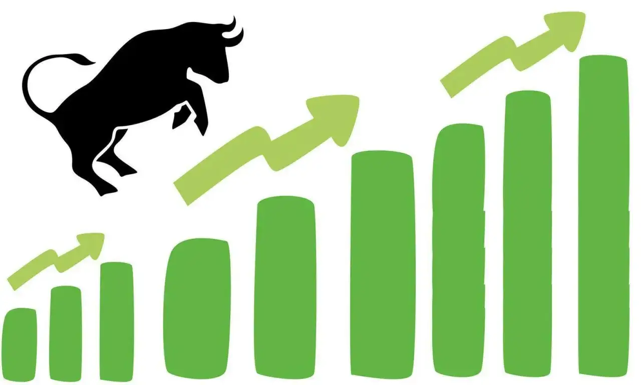 Schwarzer Bulle symbolisiert Aufw&auml;rtstrend im **long trading**. Gr&uuml;ne Balken und Pfeile zeigen steigende Kurse.