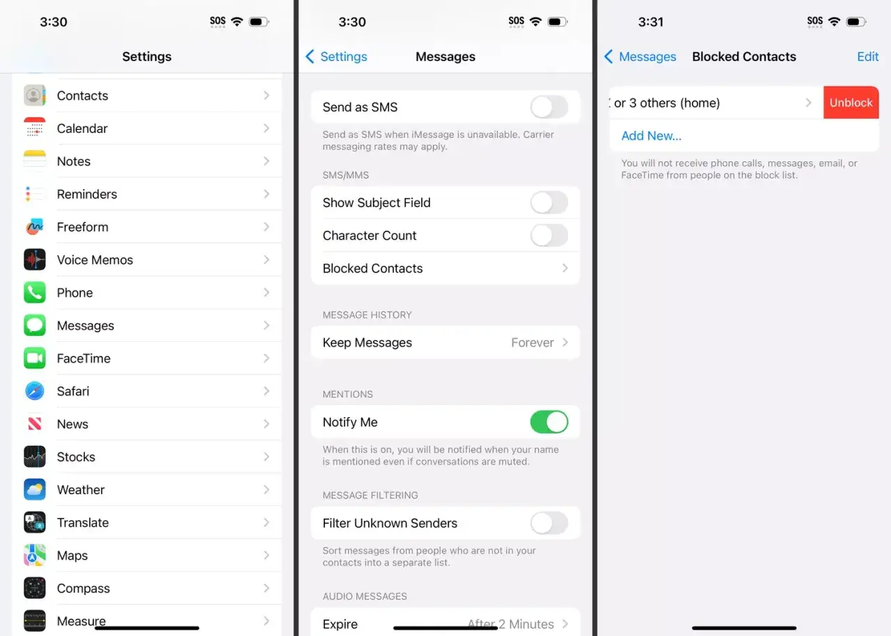 Inst&auml;llningar f&ouml;r meddelanden p&aring; iPhone. H&auml;r kan du se och hantera blockerade nummer.