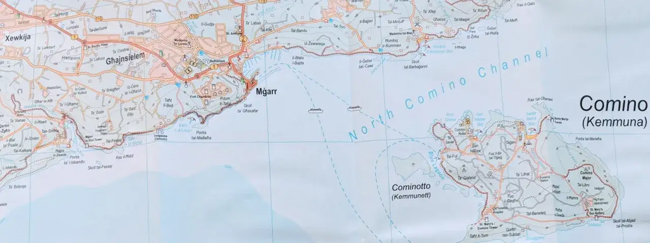 Karte von Malta mit Fokus auf Comino und den Nord-Comino-Kanal. Ideal f&uuml;r Segeln in Malta.