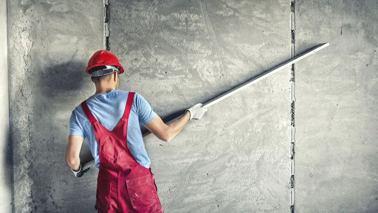 Obrero con casco rojo y mono rojo realiza el enfoscado de mortero en una pared de hormig&oacute;n con una regla.