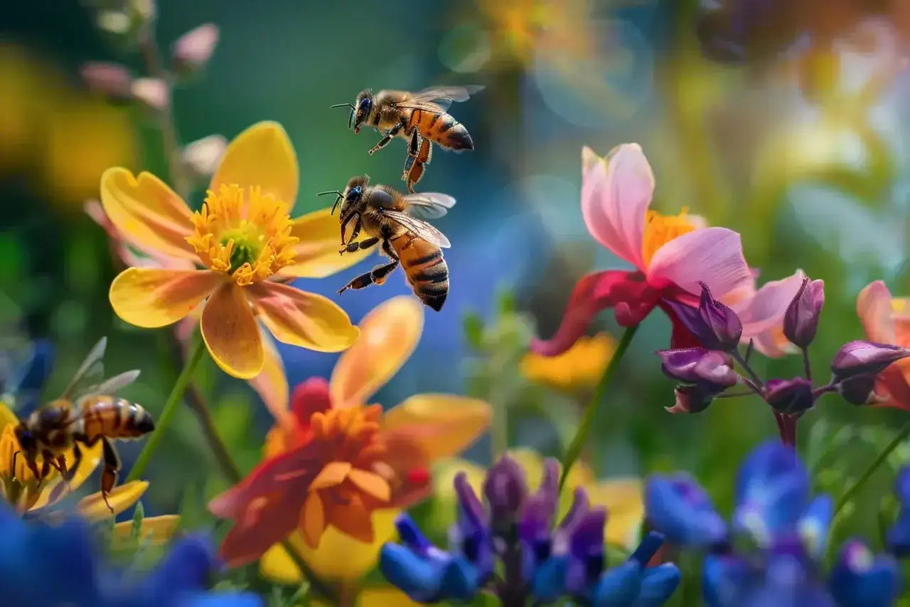 Bienen summen gesch&auml;ftig zwischen bunten, bienenfreundlichen Blumen. Gelbe und orangefarbene Bl&uuml;ten dominieren, w&auml;hrend im Hintergrund zarte rosa und blaue Bl&uuml;ten hervorstechen.