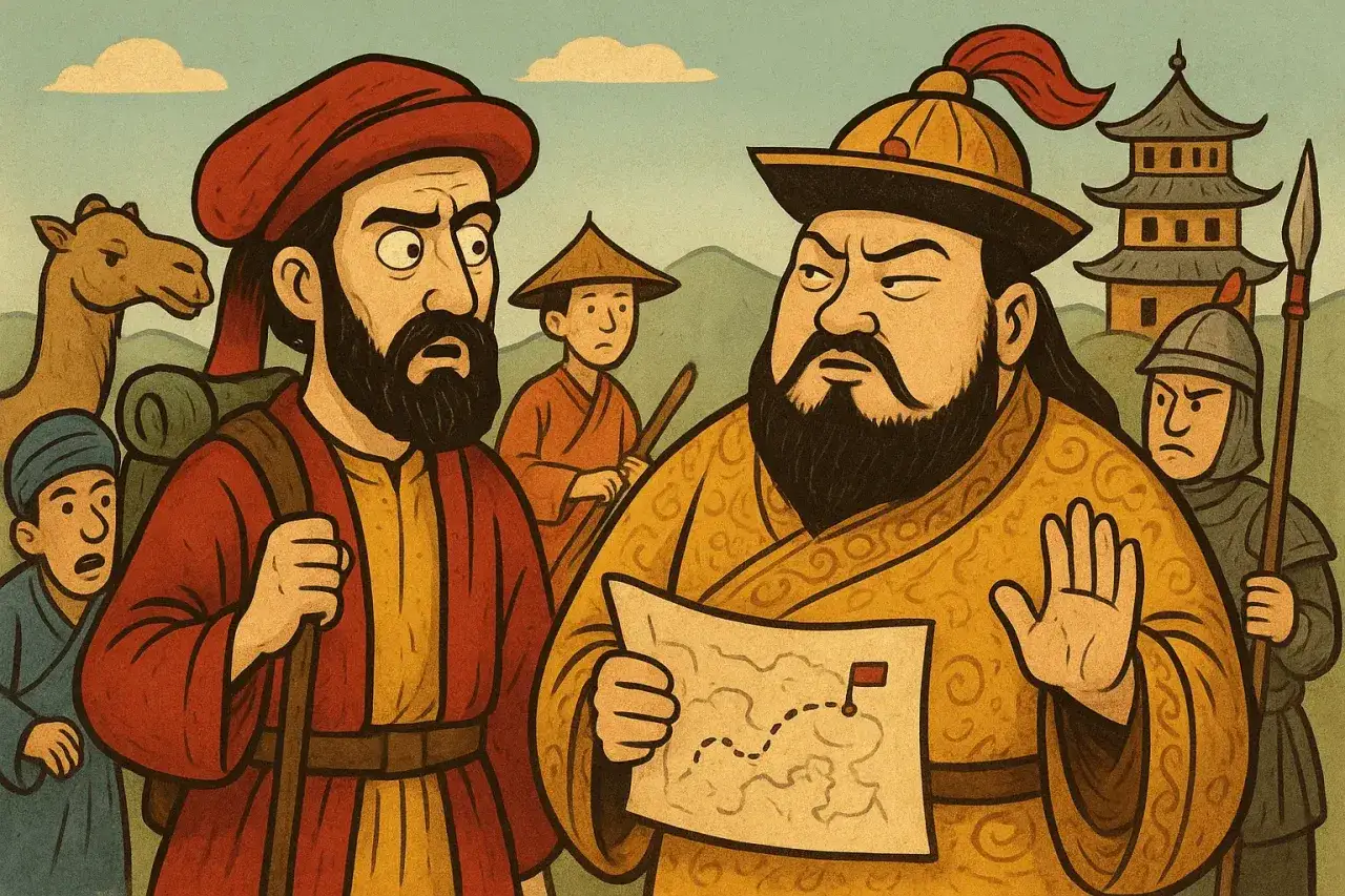 Marco Polo pokazuje mapę, gdy zastanawia się, kiedy wynaleziono makaron. W tle wielbłąd i chińska świątynia.