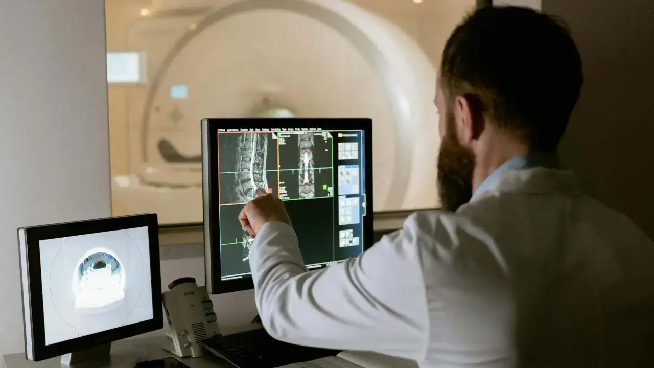 Lekarz analizuje obraz kręgosłupa na monitorze, wykorzystując najnowsze esaliens medycyny i nowych technologii.