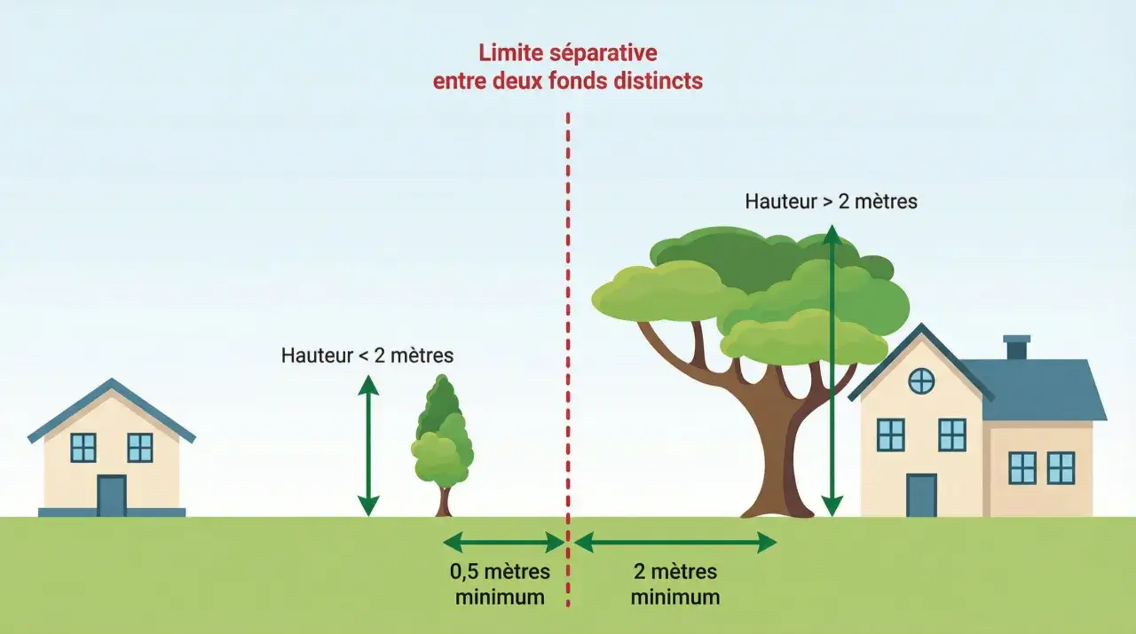 Illustration des règles de distance pour les plantations par rapport à la limite séparative. Un bassin d'agrément doit respecter ces distances.