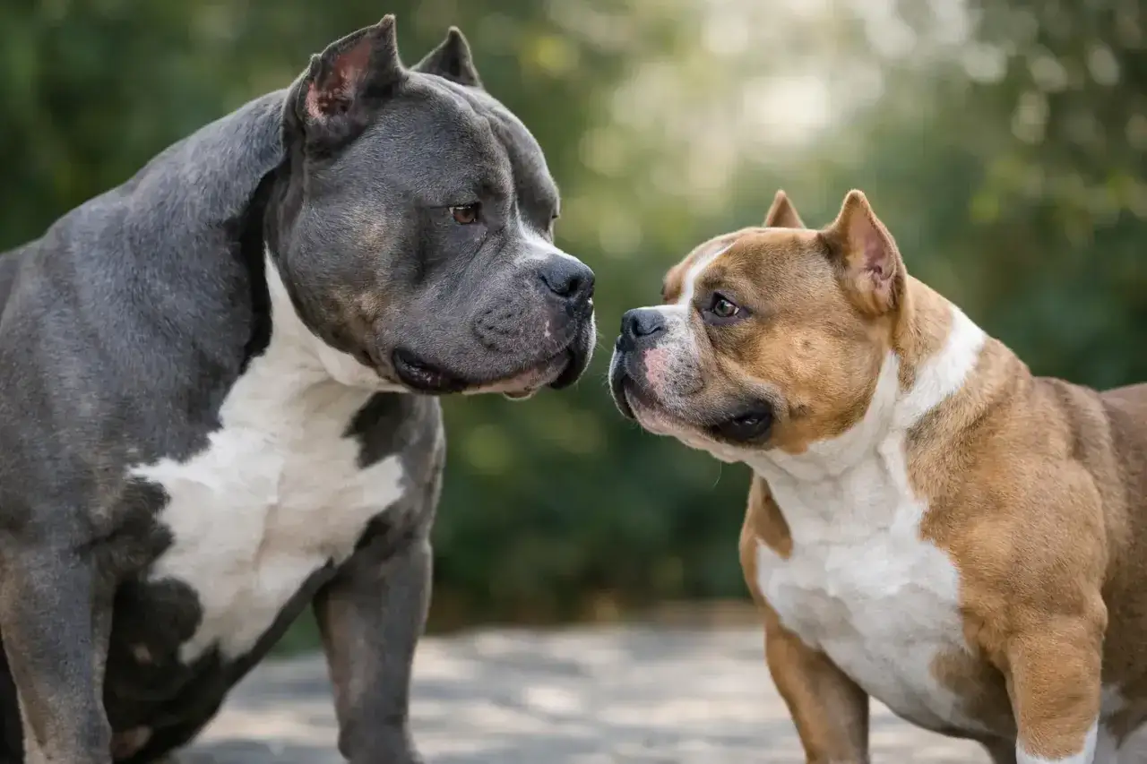 Dwa psy rasy american bully mini, jeden szary, drugi rudy, patrzą na siebie z bliska.