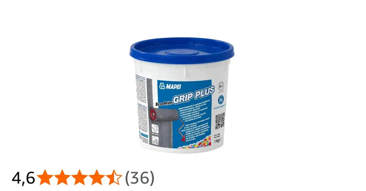Secchio di Mapei Eco Prim Grip Plus, un primer aggrappante prima della rasatura, pronto all'uso per interni ed esterni.