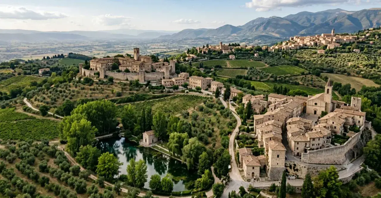 Panoramica aerea di incantevoli borghi umbri, con case in pietra, vigneti e uliveti che scendono verso una valle verdeggiante.