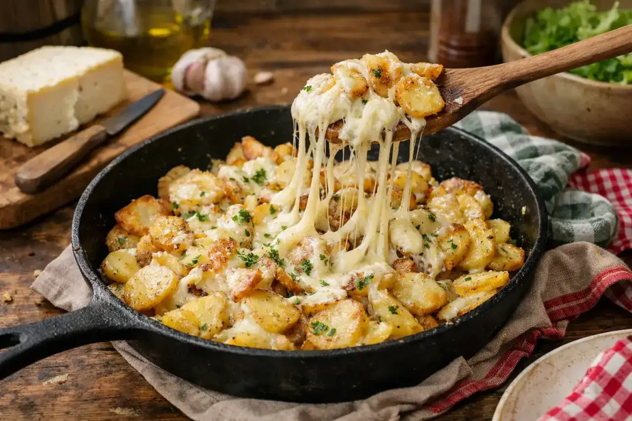 Une cuill&egrave;re sert une portion g&eacute;n&eacute;reuse de truffade, plat r&eacute;confortant de pommes de terre et fromage fondant. La recette est simple et d&eacute;licieuse.