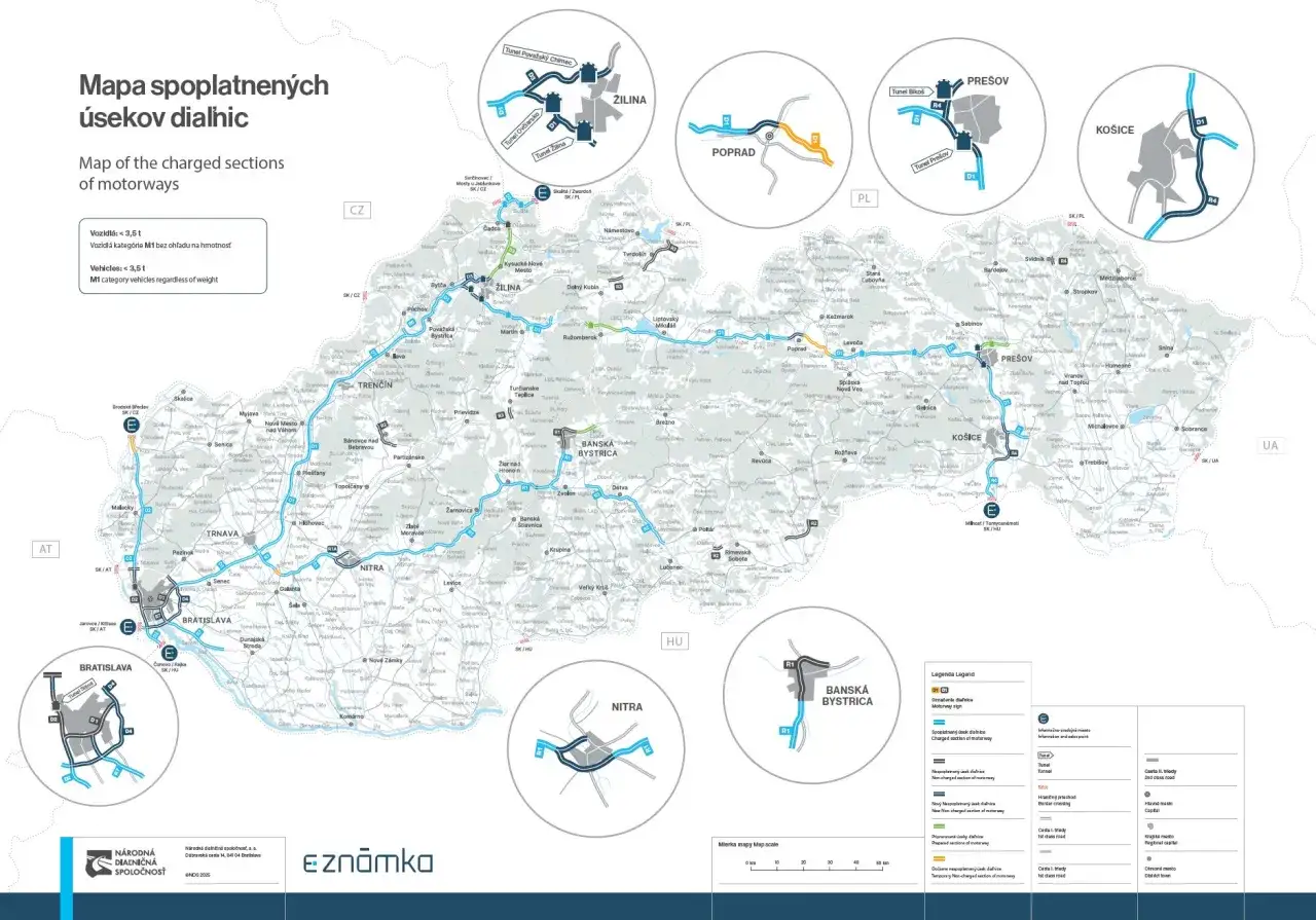 Mapa spoplatnených úsekov diaľnic na Slovensku. Zobrazuje diaľničné úseky, ktoré vyžadujú **winiety Slovensko** pre ich užívanie.