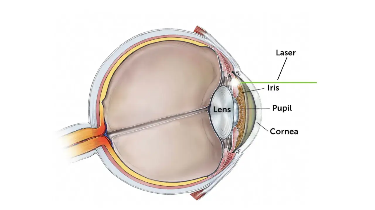 Sezione dell'occhio che illustra l'iridectomia laser: un raggio laser colpisce l'iride per creare un'apertura.