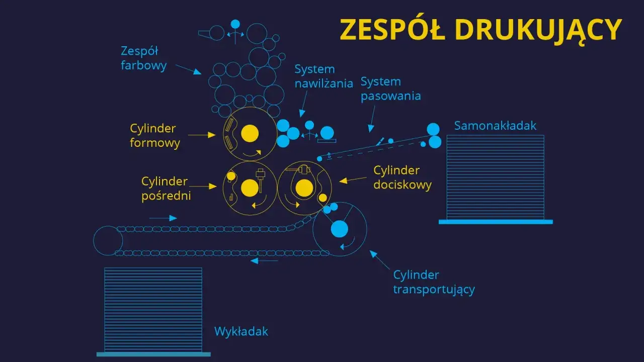 Schemat zespołu drukującego. Pokazuje, jak działa druk offsetowy: zespół farbowy, cylindry, system nawilżania i pasowania, samonakładak i wykładak.