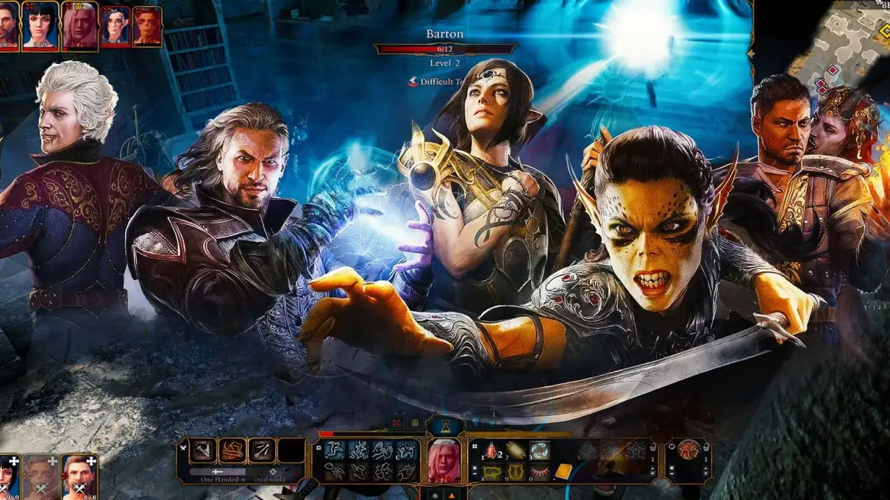 Postacie z Baldur's Gate w akcji, przygotowujące się do walki. Magia i ostrza w gotowości.