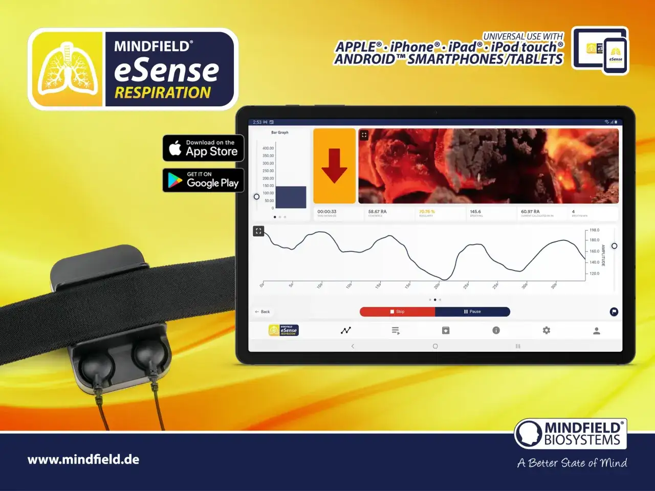 Trening biofeedback w domu z Mindfield eSense. Urządzenie i aplikacja do monitorowania oddechu na tablecie.