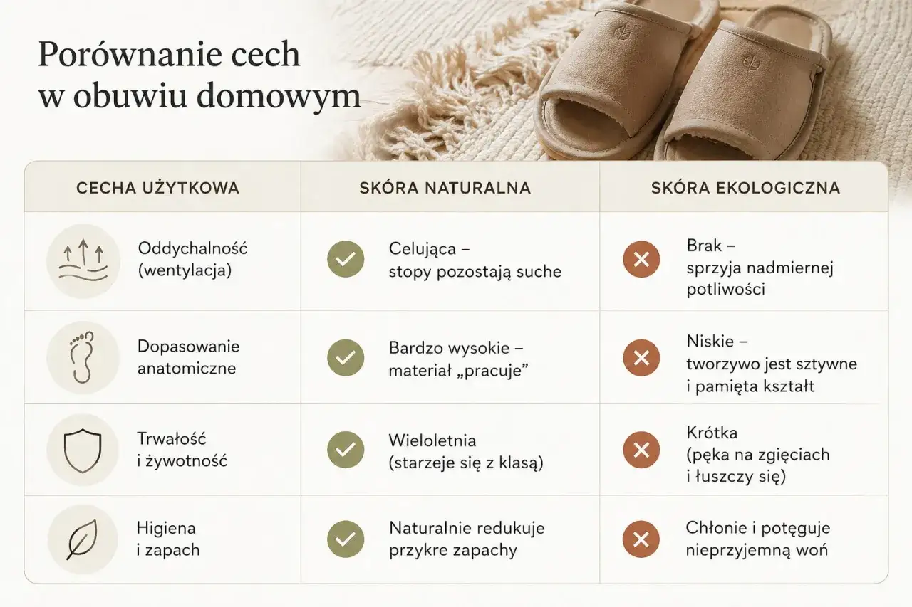 Tabela porównuje cechy obuwia domowego: skóra naturalna vs. skóra ekologiczna co to jest i jakie ma wady. Skóra ekologiczna gorzej oddycha i jest mniej trwała.