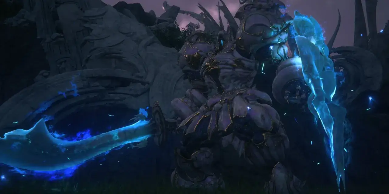 El destructor de mundos FF16, una criatura imponente con armadura púrpura y dorada, empuña una espada de energía azul brillante.