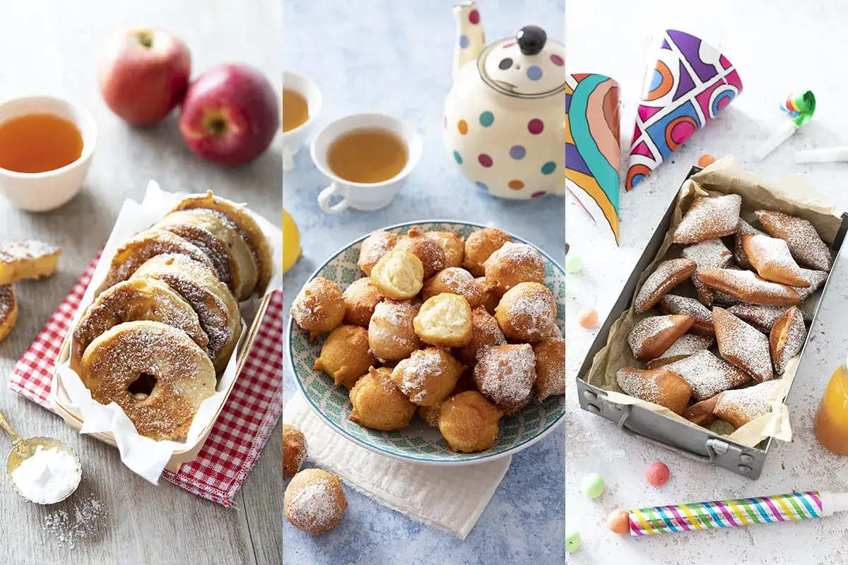 Trois présentations de beignets saupoudrés de sucre glace. Des beignets ronds, des beignets en losange, et des beignets en forme de rondelles de pomme. On dirait des crottes d'âne, mais en version gourmande !